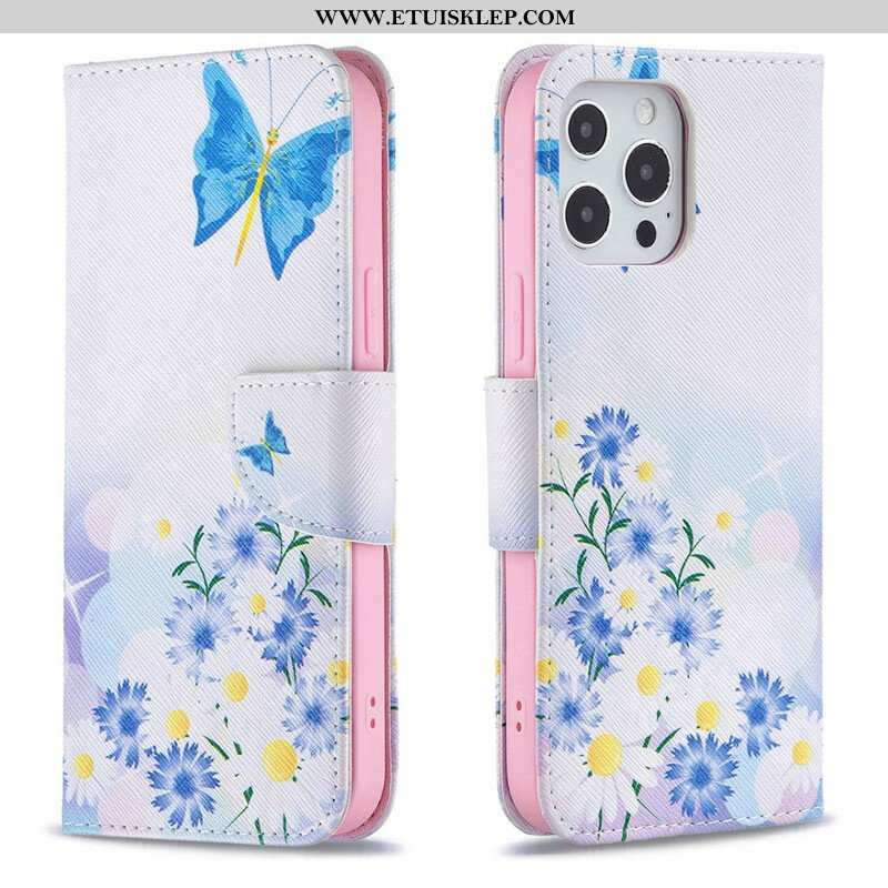 Etui Folio do iPhone 13 Pro Max Malowane Motyle I Kwiaty